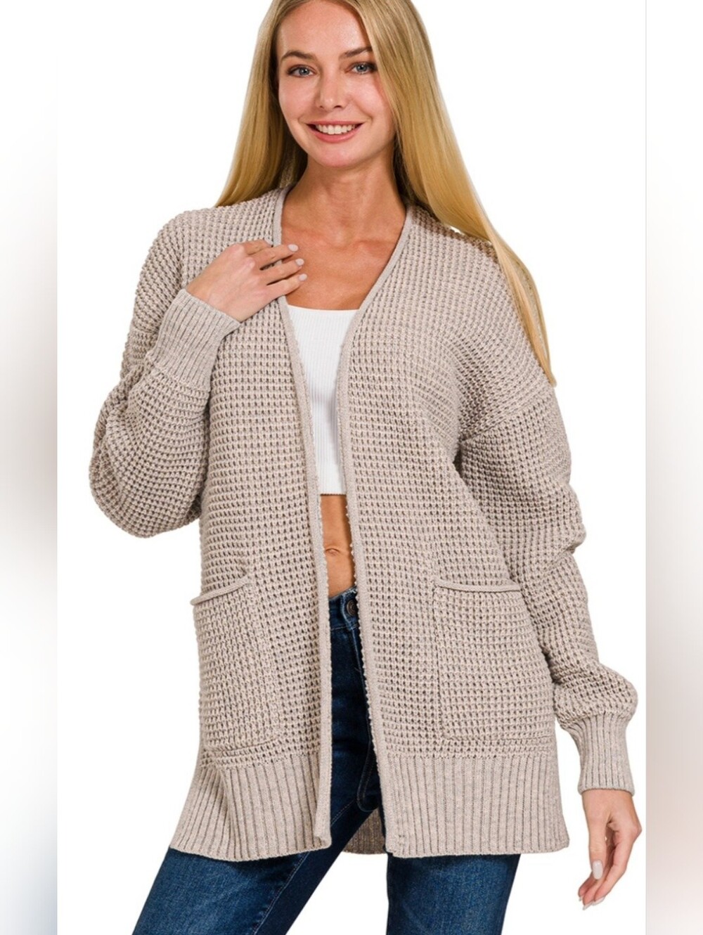 Zenana Waffle Open-Front Cardigan Sweater - L